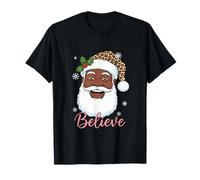 Believe Christmas Leopard Funny Afro Santa Face Proud Black T-Shirt
