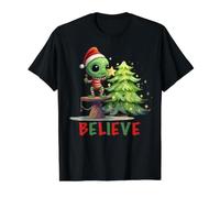 Believe Cute Christmas Alien Decorating Pine Tree Tee Value Graphic T-Shirt, Men, Black, L
