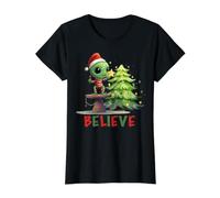 Believe Cute Christmas Alien Decorating Pine Tree Tee Value Graphic T-Shirt, Women, Black, XS