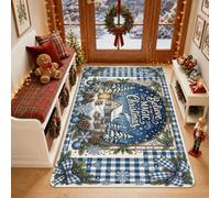 Believe in The Magic of Christmas Holiday Winter Cabin Area Rug 3' X 5' | Blue Gingham Border, Rustic Pinecones, Decorative Bows, Winter Snowflake Motifs, Seasonal Typography