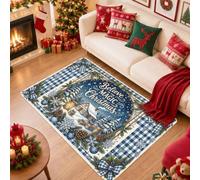 Believe in The Magic of Christmas Holiday Winter Cabin Area Rug 4' X 6' | Blue Gingham Border, Rustic Pinecones, Decorative Bows, Winter Snowflake Motifs, Seasonal Typography