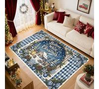 Believe in The Magic of Christmas Holiday Winter Cabin Area Rug 5' X 7' | Blue Gingham Border, Rustic Pinecones, Decorative Bows, Winter Snowflake Motifs, Seasonal Typography