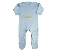 Believe in The Magic of Christmas Metallic Simple Style one Baby Romper Jumpsuit with feet, 6-12 Months, Pastel Blue