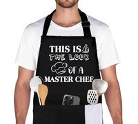 Belillpipi Adjustable Apron for Men - Funny Black BBQ Chef Aprons with Pocket - Cooking Chef Aprons Father’s Day Gifts for Men, Kitchen Cooking Grilling Apron (This is the look of a Master Chef)