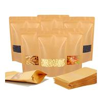 Belinlen 100pcs 18x26cm Self-Sealing Kraft Paper Bag with Window Resealable Kraft Stand Up Pouches Kraft Zip Lock Food Storage Bags Multipurpose for Dried Fruit Coffee Tea Seeds (7.08x10.27")