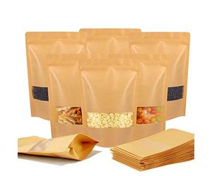 Belinlen 100pcs 18x26cm Self-Sealing Kraft Paper Bag with Window Resealable Kraft Stand Up Pouches Kraft Zip Lock Food Storage Bags Multipurpose for Dried Fruit Coffee Tea Seeds (7.08x10.27")