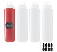 Belinlen 4 Pack 32oz/1000ml Plastic Squeeze Sauce Bottles, 3-Hole Squirt Condiment Squeezy Bottles Plastic Squeeze Dispensers with Measurements for Ketchup BBQ Dressing Paint Workshop Art Craft