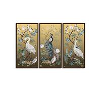BELISIIS Folding screen in chinoiserie style with peacock and peonies on golden Wall Artwork Exclusive Photography Vintage Paintings Print on Canvas Home Decor Wall Art 3 Panels Framed Ready to Hang