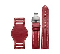 Belivceng Genuine Leather Watch Strap, Matte Finish with Butterfly Buckle, 18mm to 22mm Sizes,Red-Silver,18mm
