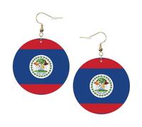 Belize Flag Round Leather Earrings Gold, Double-Side Printed Drop Dangle Jewelry for Women, for Festival Party Gift