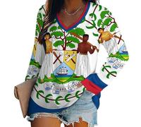 Belize National Flag Women's V-Neck Long-Sleeved Top, Long Sleeve Oversized Women's T-Shirts, National Flag Elements for Winter Fall Spring Comfortable Long Sleeve Basic Tee Women 4XL