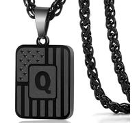 Beljeley Initial Letter A-Z American Flag Tag Pendant Necklace with Black Chain, Stainless Steel Necklace for Men Boys, Standard, Stainless Steel, No Gemstone