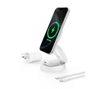 Belkin 2-in-1 Convertible Wireless Charging Station, Wireless Portable Charger 15W, MagSafe-Compatible Qi2 Charger for iPhone 17, Air, AirPods with Weighted Non-Slip Base, 30W Charger Included - White
