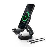 Belkin 2-in-1 Convertible Wireless Charging Station, Wireless Portable Charger 15W, MagSafe-Compatible Qi2 Charger for iPhone 17, Air, AirPods with Weighted Non-Slip Base, 30W Charger Included - Black