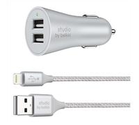 Belkin Studio 4.8A 24W 2 Port Car Charger with 1.5 Metre Braided Charge Sync Lightning Cable for iPhone iPad (Silver)