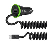 Belkin 3.4A Lightning In-Car Fast Phone Charger with Micro-USB Spiral Cable and Integrated USB Port for Tablets and Smartphones (40 Percent Faster Charging) - Black