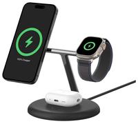 Belkin BoostCharge 3-in-1 Wireless Charging Stand with Qi2 15W, MagSafe Compatible Fast Charger for iPhone 17, Air, 16, 15, 14, 13, 12 Series, PixelSnap, AirPods, Apple Watch (PSU included) - Black