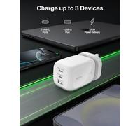 Belkin 3-Port USB-C Plug 100W, GaN Wall Charger with 2x USB-C & 1 USB-A Ports, Plug Tips included for EU/UK/US, Fast Charging for MacBook, iPhone, iPad Pro, Samsung Galaxy, Google Pixel, etc - White