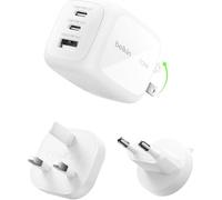 Belkin 3-Port USB-C Plug 70W, Multi-Port GaN Wall Charger with 2x USB-C & 1x USB A Ports, UK and US Plug Tips, Fast Charging for MacBook, iPhone 16, iPad, Samsung Galaxy S25, Google Pixel, etc - White