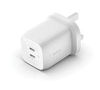 Belkin 65W Dual USB Type C Wall Charger, Fast Charging Power Delivery 3.0 with GaN Technology, USB Plug fast charger for iPhone 16, 15, 14, iPad, MacBook, Samsung Galaxy S24, Pixel and more - White