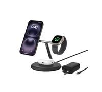 Belkin BoostCharge 3-in-1 Wireless Charging Stand with Qi2 15W, MagSafe Compatible Fast Charger for iPhone 17, Air, 16, 15, 14, 13, 12 Series, PixelSnap, AirPods, Apple Watch (PSU included) - Black