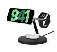 Belkin BoostCharge Pro 3-in-1 Wireless Charger with Qi2 for iPhone 17, Air, 16, 15, 14, 13, 12 + Apple Watch + AirPods + Pixelsnap, 15W MagSafe Compatible Charging Station - Black