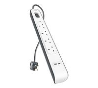 Belkin Extension Lead with USB Slots x 2 (2.4 A Shared), 4 Way/4 Plug Extension, 2m Surge Protected Power Strip - White