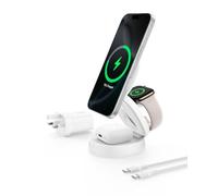 Belkin MagSafe-Compatible Charger, 3-in-1 Convertible Wireless Charging Station, Qi2-Certified 15W for iPhone 16, 15, 14, Apple Watch, AirPods with Non-Slip Base, 36W Plug Included - White
