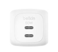 Belkin SmartProtect 2-Port USB C Charger 50W, GaN USB Charger with 2 USB-C Ports, USB-C Cable (1m), Fast Charger for MacBook, iPhone 17, iPad Pro, Chromebook, Galaxy S25 Ultra and Pixel 10 - White