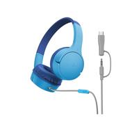 Belkin SoundForm Mini Kids Wired Headphones with USB-C to 3.5mm Dongle, Built-in Mic & Fun Stickers, 85dB Max Volume - for Online Learning, Travel, Compatible with iPhone, iPad, Galaxy, etc - Blue
