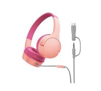 Belkin SoundForm Mini Kids Wired Headphones with USB-C to 3.5mm Dongle, Built-in Mic & Fun Stickers, 85dB Max Volume - for Online Learning, Travel, Compatible with iPhone, iPad, Galaxy, etc - Pink