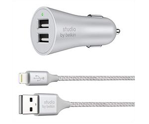 Belkin Studio 4.8A 24W 2 Port Car Charger with 1.5 Metre Braided Charge Sync Lightning Cable for iPhone iPad (Silver)