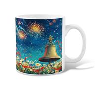 Bell Ceramic Coffee Mug, Celebratory Festive Fireworks Daisies Independence Day Blue Novelty Tea Cup with Handle Ideal for Friends Family Lovers Eldership Senior Co-Worker 11 Oz