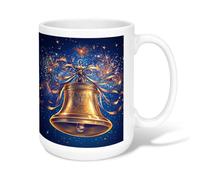 Bell Ceramic Coffee Mug, Christmas Festive Fireworks Ribbon Xmas Gold Novelty Tea Cup with Handle Ideal for Friends Family Lovers Eldership Senior Co-Worker 15 Oz