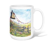 Bell Ceramic Coffee Mug, Rustic Countryside Flowers Fence Spring Green Novelty Hot Chocolate Mug with Handle Ideal for Friends Family Lovers Eldership Senior Co-Worker 15 Oz