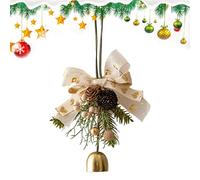 Bell Christmas Wreath - Golden Love Bow Pendant, Pine Branch Ornament with Elegant Gold Accent | Festive Holiday Bell Decoration Piece for Home Wall Door Display