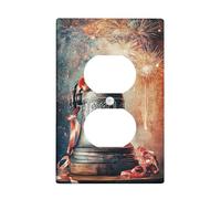 Bell Duplex Outlet Covers Wall Plate, Festive Vintage Fireworks Ribbons New Year Gold Plastic Standard Size Double Power Outlet Cover Plate for Bedroom Bathroom Kitchen Entrance Decor