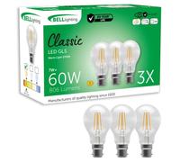 Bell Lighting 3 Pack B22 Filament Gls Bulbs 7.0W 806Lm , Warm White 2700K , 60W Equivalent ,dimmable Bayonet Cap Bulbs