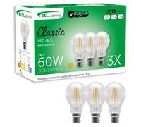 Bell Lighting 3 Pack B22 Filament Gls Bulbs 7.0W 810Lm , Warm White 2700K , 60W Equivalent ,dimmable Bayonet Cap Bulbs