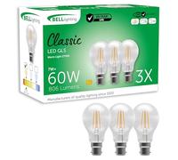 Bell Lighting 3 Pack B22 Filament Gls Bulbs 7.0W 806Lm , Warm White 2700K , 60W Equivalent ,dimmable Bayonet Cap Bulbs