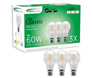 BELL Lighting B22 Energy Saving LED Filament GLS Bulbs 7W 806lm 3 Pack