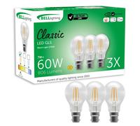 Bell Lighting 3 Pack B22 Filament Candle Bulbs 7.0W 810Lm , Warm White 2700K , 60W Equivalent , Non-Dimmable Bayonet Bulbs