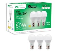 BELL Lighting B22 LED GLS Bulbs 3 Pack | Warm White 2700K | 810lm Energy Saving Lightbulbs | 60W Equivalent | BC Bayonet Cap Opal Finish for Home Lamps and Ceiling Lights | Non-Dimmable