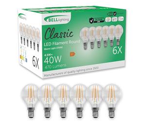 BELL Lighting E14 Dimmable LED Filament Golf Ball Bulbs Warm White 6 Pack | Dimmable E14 SES LED filament golf ball bulbs with 2700K warm white light, 470lm brightness and 40W equivalent output.