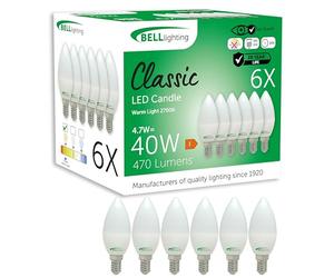 BELL Lighting E14 LED Candle Bulbs 6 Pack | 4.7W 470lm Warm White 2700K | Non-Dimmable Small Edison Screw Light Bulbs | Energy Saving Candle Bulb | 40W Equivalent SES E14 Candle Bulb for Lamps