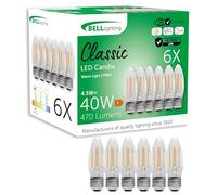 BELL Lighting E27 Dimmable LED Filament Candle Bulbs 6 Pack | Warm White 2700K | 470lm 4.5W | Energy Saving Lightbulbs | 40W Equivalent | Clear Glass Candle Lamp | Edison Screw ES Base