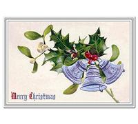 Bell Ringing Christmas Card - Victorian Era Vintage Rare - Holly Mistletoe Bells Design - Unusual Old Fashioned - Traditional Merry Xmas Wishes Best Greeting - Blank inside to write own message