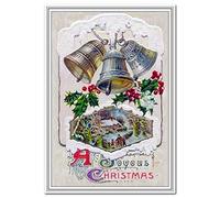 Bell Ringing Christmas Card - Victorian Era Vintage Rare - Joyous Bells Design - Unusual Old Fashioned - Traditional Merry Xmas Wishes Best Greeting - Blank inside to write own message