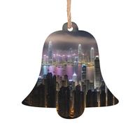 Bell Shape Christmas Wooden Ornaments - Aerial Night of View Hong Kong Print Xmas Tree Hanging Decor with Snowflakes & Santa Shapes