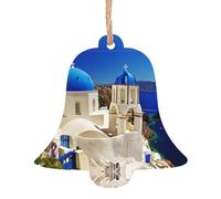 Bell Shape Christmas Wooden Ornaments - Santorini Greek Island sea View Print Various Shapes for Xmas Tree, Home, and Office Decoration